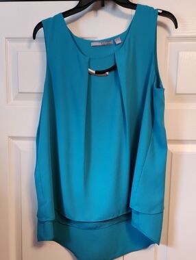 Valerie Stevens Turquoise Sleeveless Pleated Camisole with Metal Accent